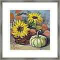 Autumn Still Life Of Sunflowers And Decorative Pumpkins Framed Print