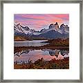Autumn Sunrise From Pehoe Lake In Torres Del Paine Chile Framed Print