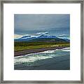 Beach With Black Sand And Volcano Framed Print