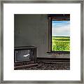 Black And White Tv, Color Window - View Of Nd Prairie From Within Living Room Of Abandoned Farm Home Framed Print