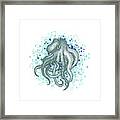 Blue Gray Watercolor Octopus On A Splash Of Teal Water Beach Art Framed Print