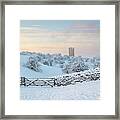 Broadway Tower In The Snow And Fog At Sunrise Framed Print