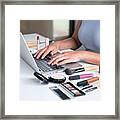 Business Online On Social Media, Beautiful Woman Is Watching Online Blogger Tutorial On Laptop, Showing Present Tutorial Beauty Cosmetic Using Product Makeup Framed Print