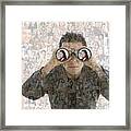 Businessman Looking In Binoculars Over Montage Of Smiling Faces Framed Print