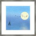 Catamaran Sailing Under A Full Moon On Blue Texture Framed Print