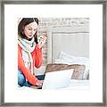 Cheerless Ill Woman Using Laptop Framed Print