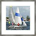 Children Close Racing Small Sailboats  On A Coastal Lake. Framed Print