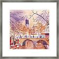 City Scene With Canal And Bridge In The Golden Hour Framed Print