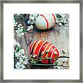 Closeup Of Colorful Painted Easter Eggs And Cherry Blossom Branc Framed Print