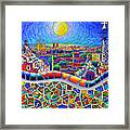 Colorful Barcelona Park Guell Magic Night By Moon Palette Knife Oil Painting By Ana Maria Edulescu Framed Print