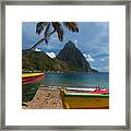 Colorful Boats On The Beach In  Soufrieire, St Lucia With The Pitons In The Background.the Famous Pitons Of St Lucia Are Volcanic Plugs Rising Out Of The Sea At The South End Of The Island. Framed Print