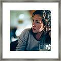 Concerned Woman In Coffee Shop Framed Print