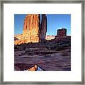 Courthouse Towers And Pool Reflection Park Avenue At Arches National Park Framed Print