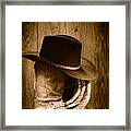 Cowboy Hat On Boots - Sepia Framed Print