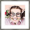 Cute Smiling Woman Wearing Nerd Glasses With Rose Framed Print