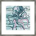 Cute Teal Blue Watercolor Octopus On Calm Wave Beach Art Framed Print
