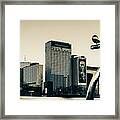 Dallas Texas Traveling Man And City Skyline Panorama - Sepia Edition Framed Print