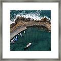 Drone Aerial Fishing Harbour With Boats Stormy Waves, Blue Sea Framed Print
