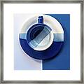 Empty Coffee Mug And Plate On A Blue And White Background. Minimalism Art Framed Print