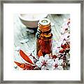 Essential Massage Oil With Flower On Rustic Wooden Background. N Framed Print