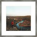 Explorer Looks At The Blue Snake, The River Which Is Surrounded By Spruce Forests Framed Print