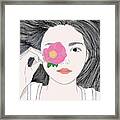 Fashion Girl With Long Hair And A Flower - Line Art Graphic Illustration Artwork Framed Print