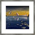 Fisherman Trolling In A Row Boat  With Flying Gulls And School O Framed Print