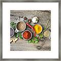 Flat Lay Overhead View Herb And Spices On Rustic Wooden Background. Framed Print