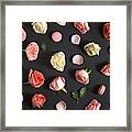 Flay Lay Roses And Macaroon On Black Background. Framed Print