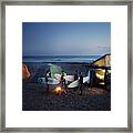 Friends With Surfboard Camping At Beach Against Sky Framed Print
