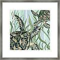 Giant Turtles Swimming In The Seaweed Under The Ocean Watercolor Painting Iv Framed Print