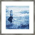 Girl And Ocean Watercolor Painting In Ultramarine Blue Framed Print