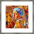 Girl With A Pearl Earring By Johannes Vermeer - Colorful Dark Orange Recreation Framed Print