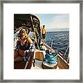 Glamorous Woman Relaxing On Yacht Deck Framed Print
