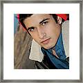 Handsome Young Hispanic Man Portrait Wearing A Red Ski Cap Framed Print