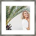 Happy Girl Walking Near Palm Trees On A Summer Sunny Day Framed Print