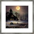 Haunted House On Pumpkin Field. Halloween Night Scene. Framed Print