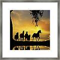 Herd Of Horses In Southwestern Colored Sunset Oak Tree Reflected In Pond Of Water Framed Print