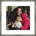 Holiday Season Portrait Of Mother, Son And Dogs Outdoors. Framed Print