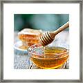 Honey Dipper And Honeycomb On Table Framed Print