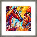 Horses Watching Each Other - Colorful Dark Orange, Red And Cyan Portrait Framed Print