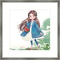 Illustration Of Girl Walking Near Pond With Basket Of Fruit Framed Print