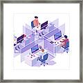 Isometric 3d Workplace With Four Sections And Businessman Programmer At Computer. Framed Print