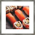 Japanese Sushi On Black Stone Plate Closeup Framed Print