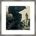 Jayhawk Sculpture And Ku Skyline - Lawrence Kansas Sepia Framed Print