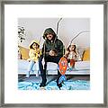 Kids With Father Playing Fishing At Home Framed Print