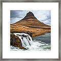 Kirkjufell Mountain And Kirkjufellfoss Waterfall, Snaefellsnes Peninsula, Iceland. Long Exposure Shot In Autumn. Framed Print