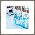 Laboratory Test Tubes And Solution With Stethoscope Background. Science And Medical Concept. Scientist Research And Analysis Biotechnology Concept Framed Print