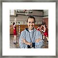 Lady Basketball Coach On Court Framed Print