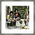 Laughing Friends Sharing Food And Drink During Party At Hotel Pool Framed Print